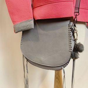 Grey Crossbody Bag with Pompom and Fringe Detail